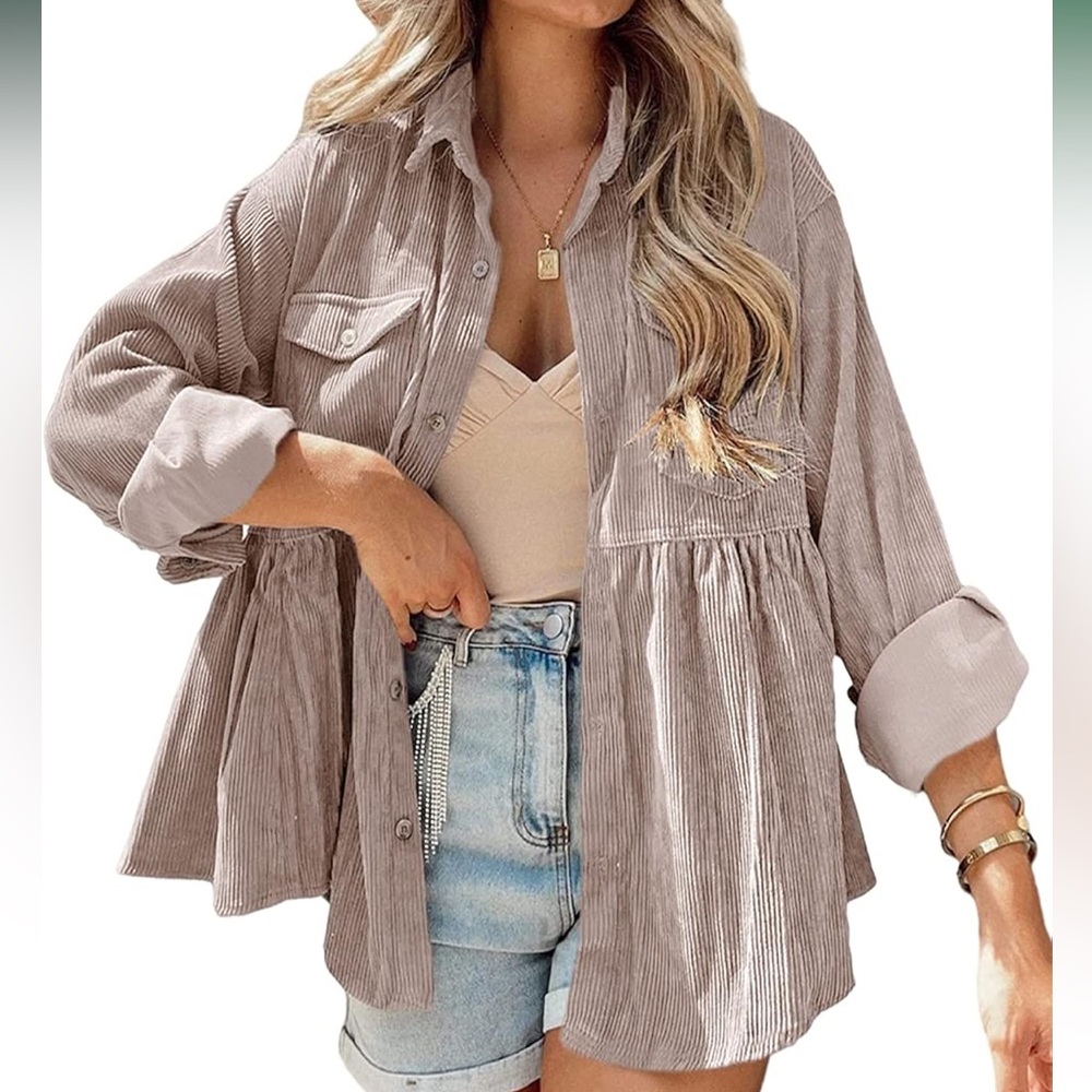 Corduroy Peplum Button Down Tan Medium